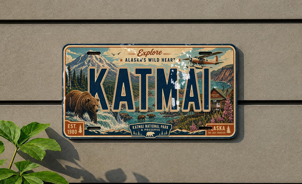 A vintage license plate with the word "KATMAI" prominently displayed, featuring a scenic mountain landscape with a bear and a plane in the background.