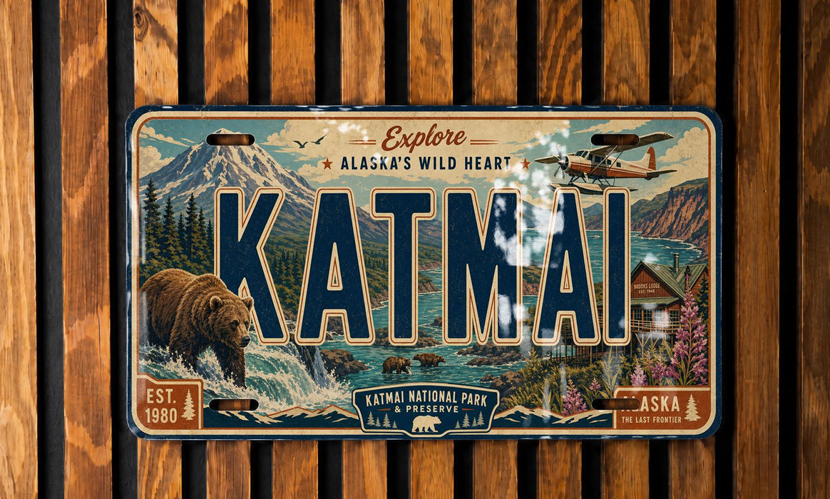 A vintage license plate with a scenic mountain landscape and a bear, featuring the text "KATMAI" prominently displayed.