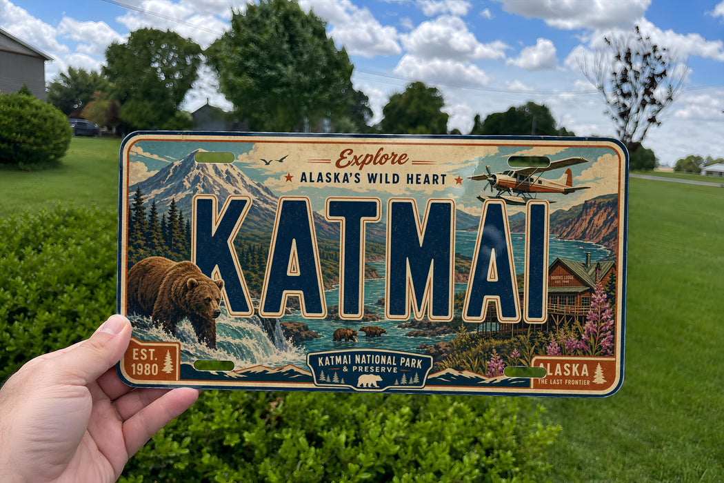 A person is holding a license plate that says "KATMAI" with a scenic mountain landscape and a bear in the background.