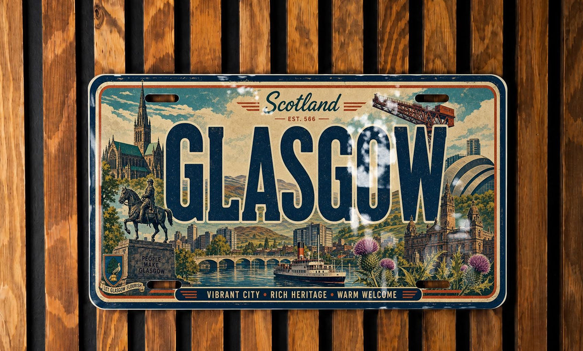 A vintage license plate from Scotland that features an illustration of the city of Glasgow.