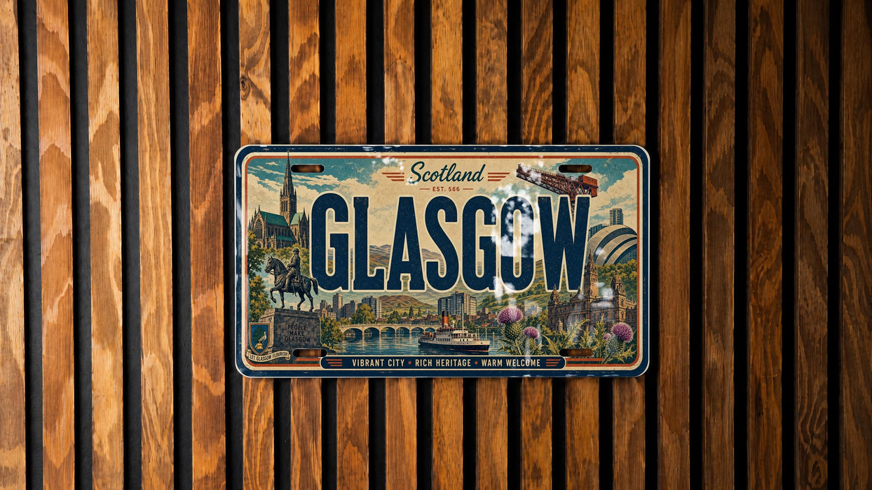 A vintage license plate from Scotland, featuring the city of Glasgow, is displayed on a wooden wall.