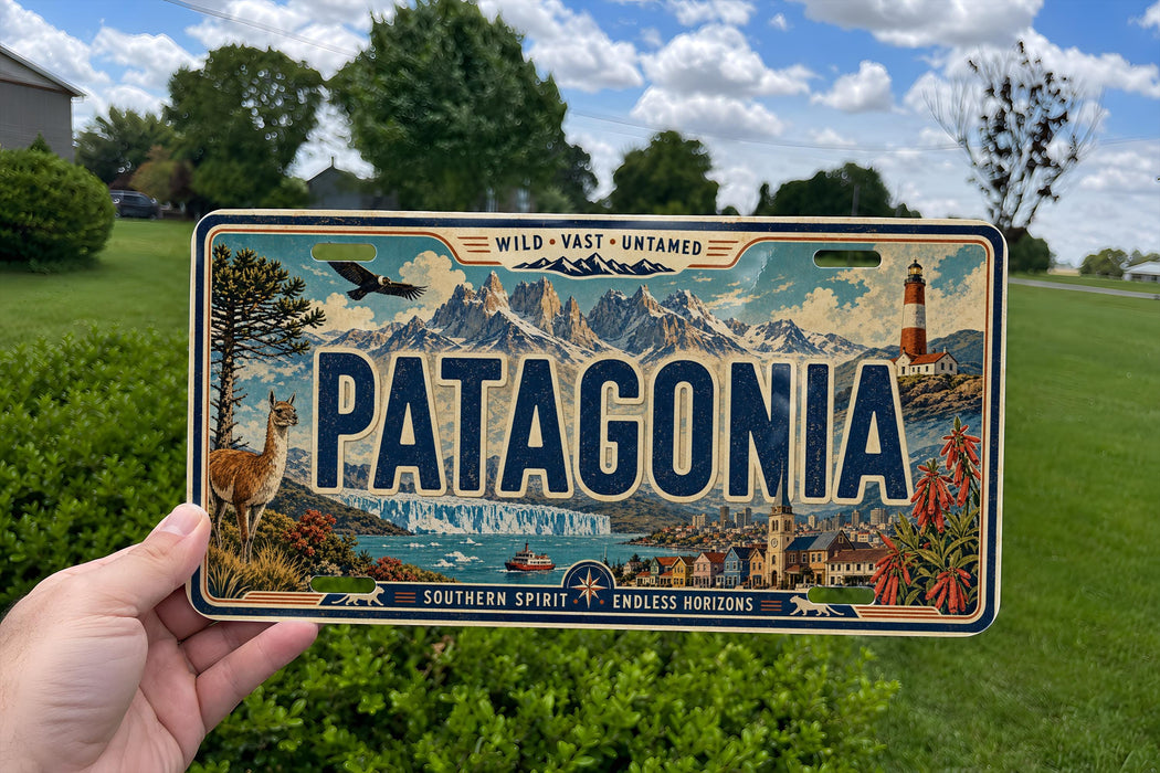 A person is holding a license plate with the word "PATAGONIA" prominently displayed on it. The license plate also features a scenic illustration of Patagonia, including mountains, a lighthouse, and other natural elements.