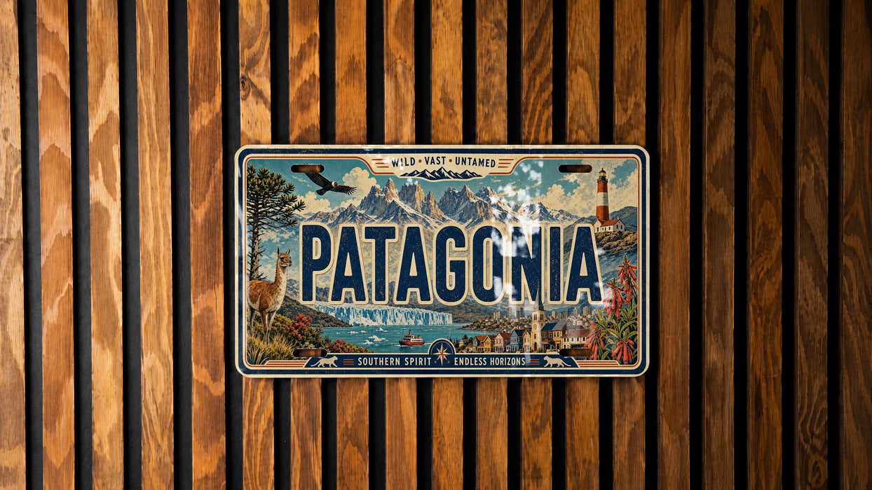 A vintage Patagonia license plate is displayed on a wooden wall.