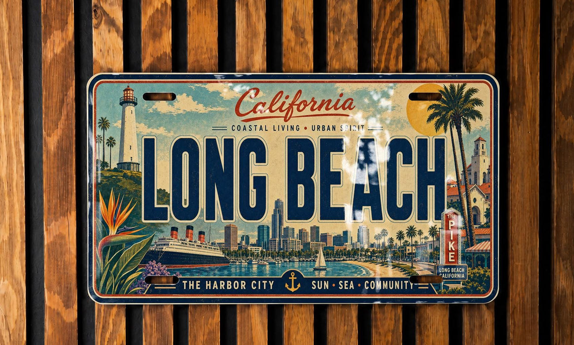 A vintage California license plate with the text "California Coastal Living - Urban Spirit" and "Long Beach" printed on it, featuring an illustration of a coastal cityscape with a lighthouse, palm trees, and a ship.