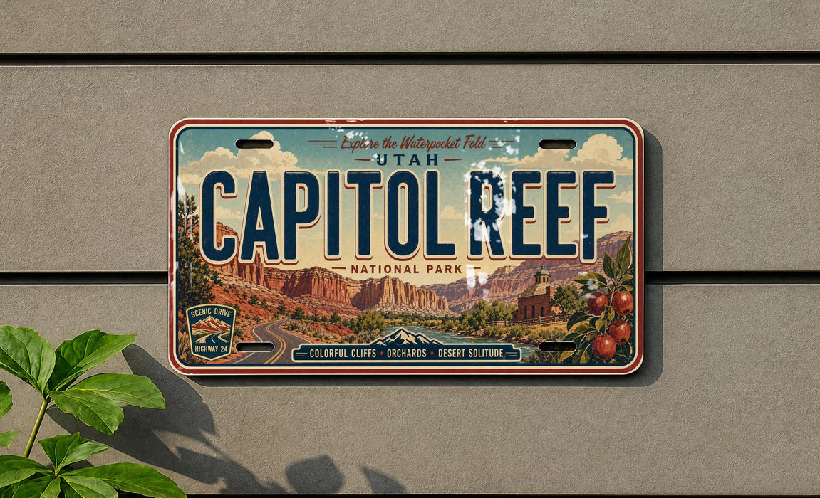 A vintage license plate from Utah, featuring the name "CAPITOL REEF" and the location "UTAH NATIONAL PARK".