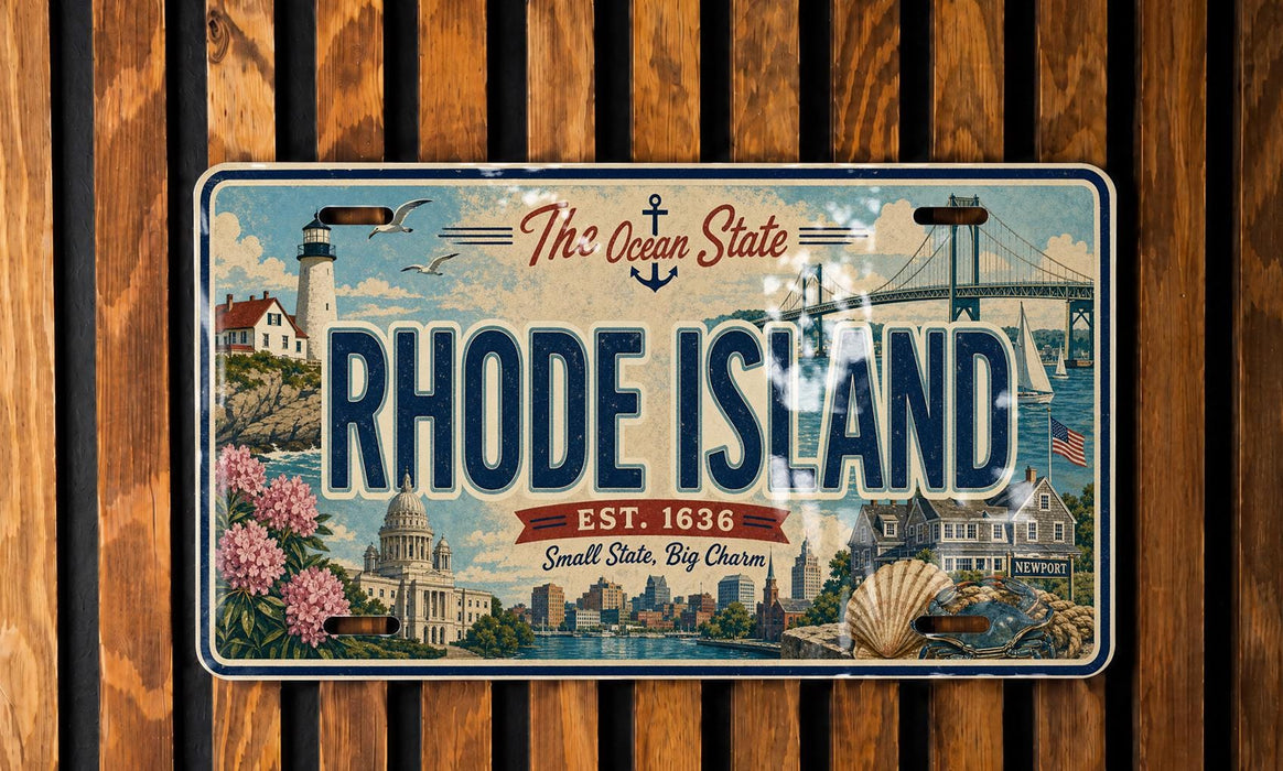 The image is a vintage license plate from Rhode Island that features various landmarks and scenery, including a lighthouse, a bridge, and a city skyline.