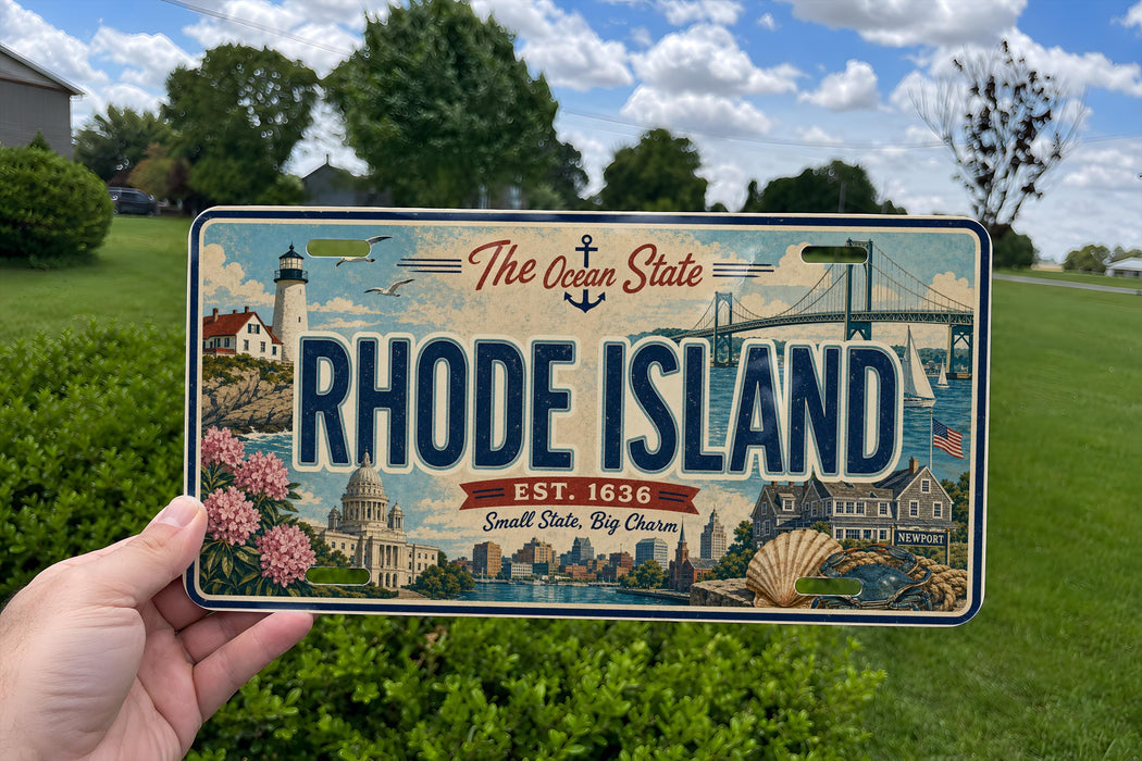 A person is holding a Rhode Island license plate with a scenic illustration of the state's landmarks and natural beauty.