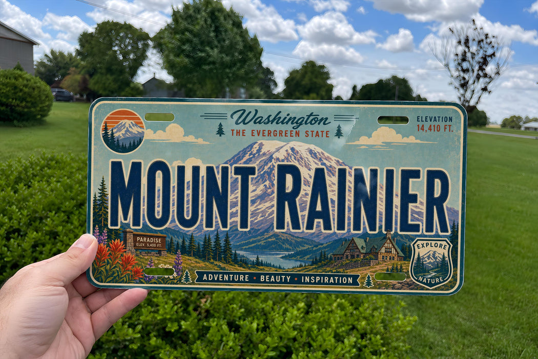 A person is holding a license plate with the text "Mount Rainier" and various scenic elements, such as a mountain, trees, and a road, against a backdrop of a grassy field and a tree.