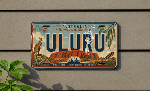 A license plate from Australia with the word "ULURU" prominently displayed.