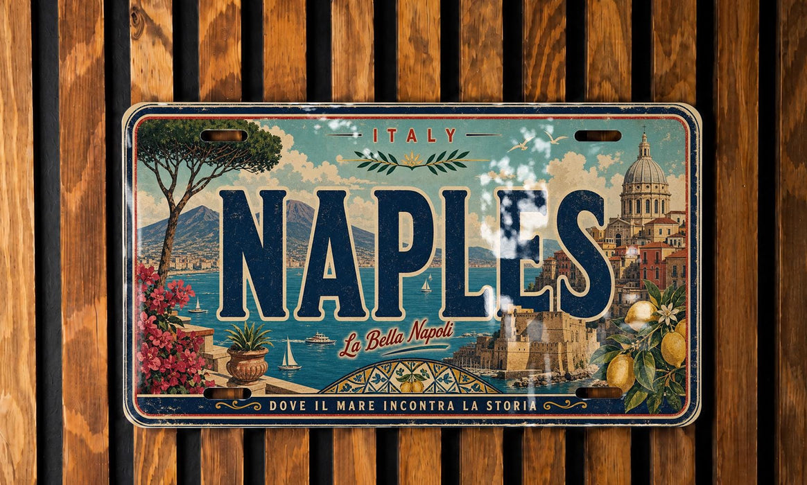 a vintage license plate from Italy with the word "NAPLES" prominently displayed.