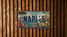 A vintage license plate from Italy with the word "NAPLES" prominently displayed, featuring a scenic illustration of a cityscape and a tree.