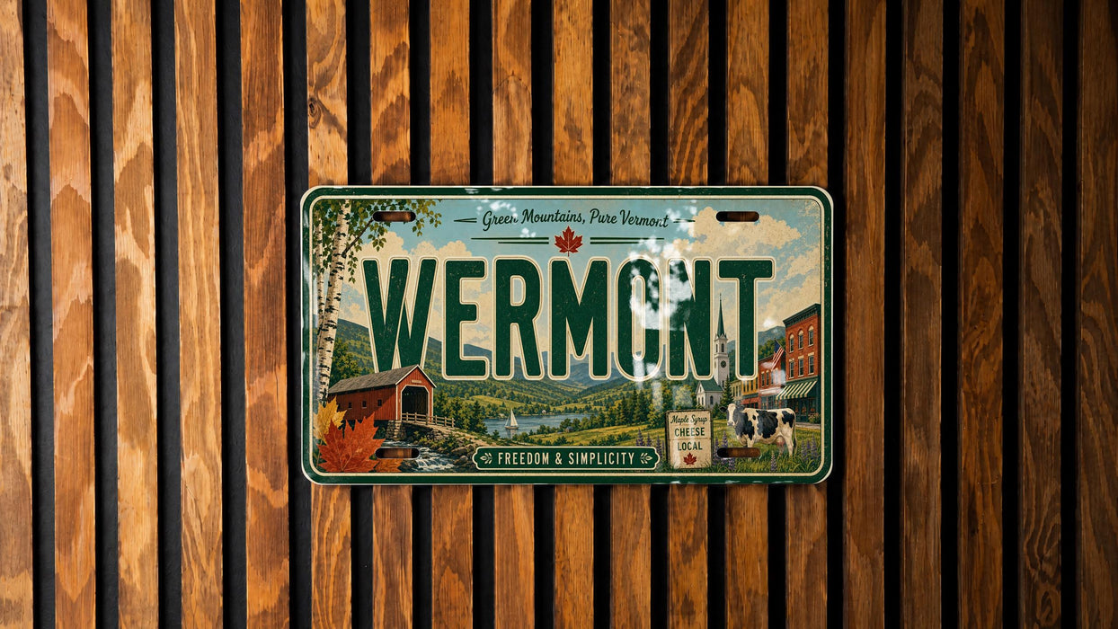 A vintage license plate from Vermont, featuring a scenic countryside landscape with a bridge and a cow, mounted on a wooden wall.