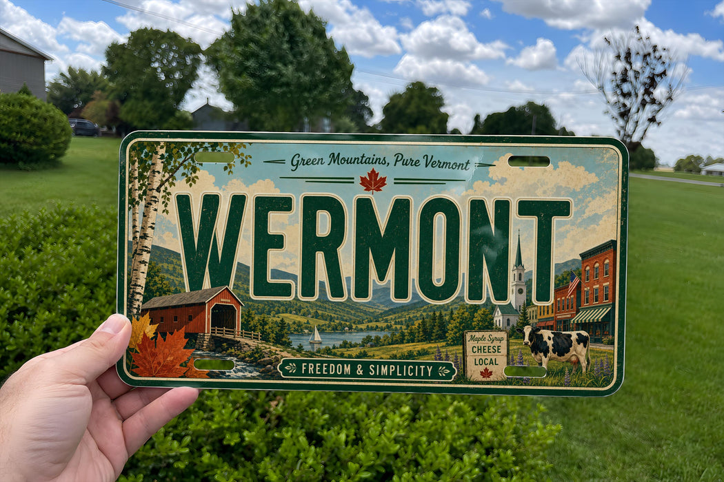 A person is holding a Vermont license plate with a scenic background featuring a barn, trees, and a river.