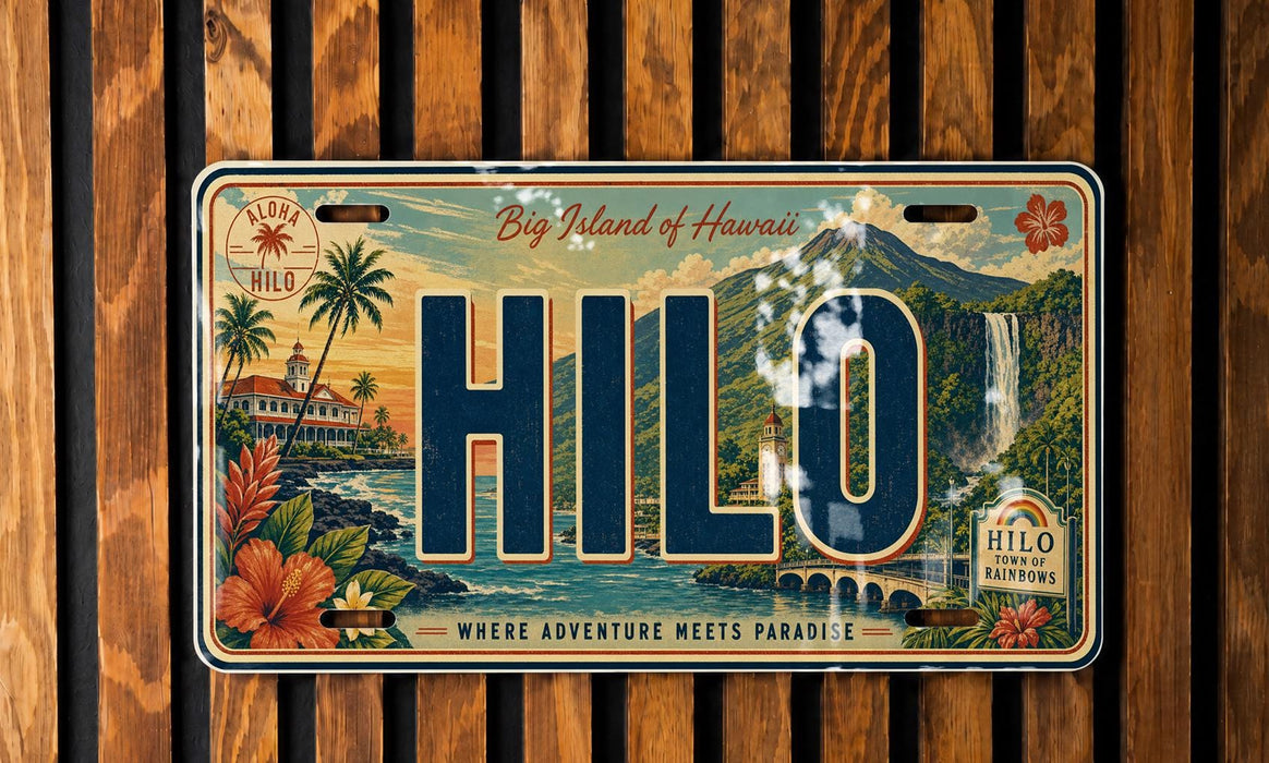 A vintage license plate from Hawaii with a tropical landscape and palm trees, featuring the word "HIlo" prominently displayed.