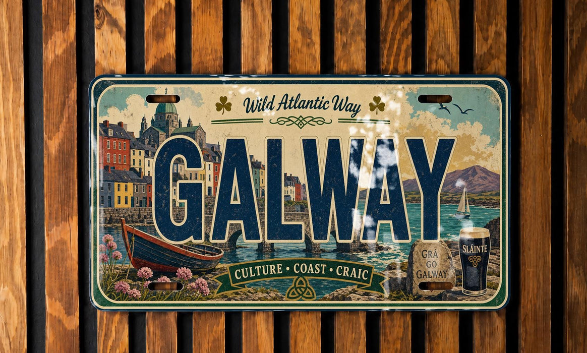 A license plate with the name "Galway" prominently displayed, featuring an illustration of a coastal town and a boat.