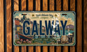 A license plate with the name "Galway" prominently displayed, featuring an illustration of a coastal town and a boat.