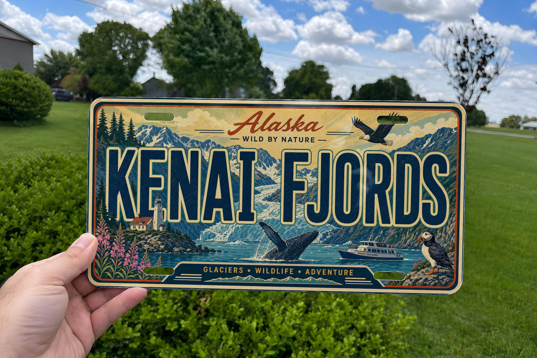 A person is holding a license plate that says "KENNAT FJORDS" against a background of a scenic landscape with mountains, a lake, and various wildlife.