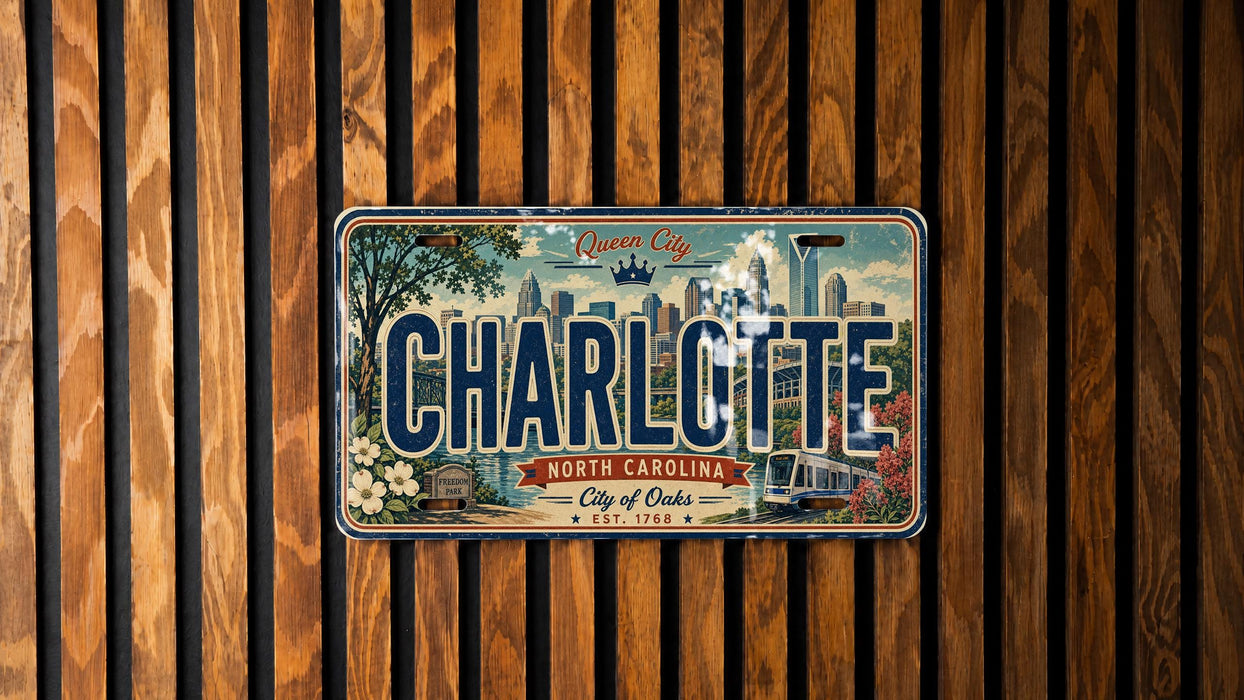 A license plate from North Carolina, with the text "CHARLOTTE" prominently displayed.