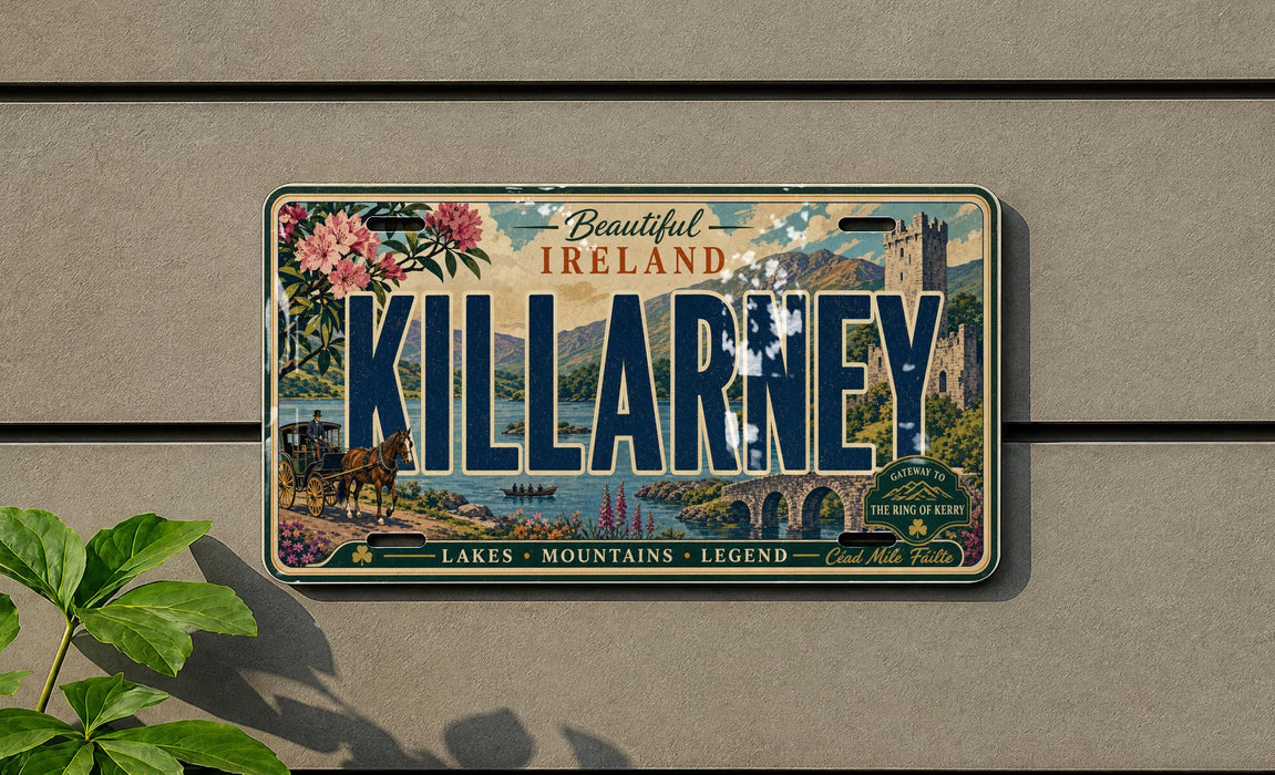 A vintage license plate from Ireland with the word "KILLARNEY" prominently displayed, featuring a scenic landscape with mountains, lakes, and a castle.