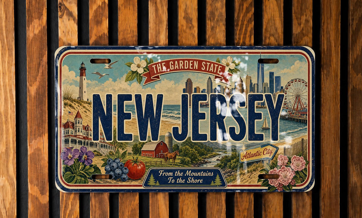 A vintage license plate from New Jersey, featuring a scenic illustration of the state's landscape and landmarks.