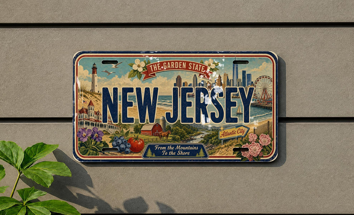 A decorative license plate from New Jersey, featuring a cityscape and various landmarks, mounted on a wall.