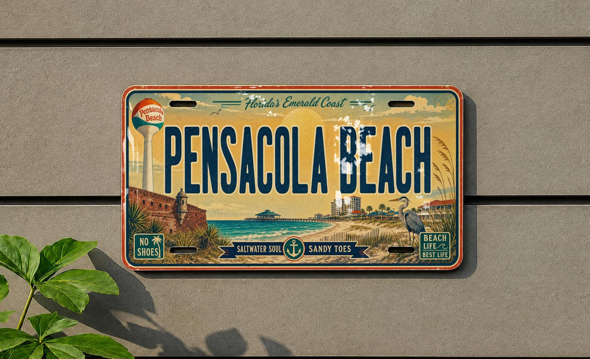 A license plate from Pensacola Beach, Florida, with a vintage design depicting the beach and surrounding area.