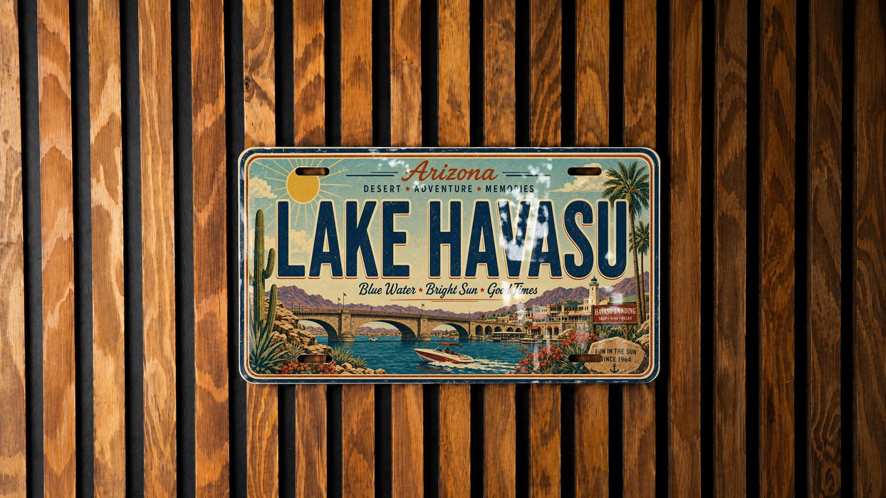 A vintage license plate from Arizona, with the text "Lake Havasu" prominently displayed.