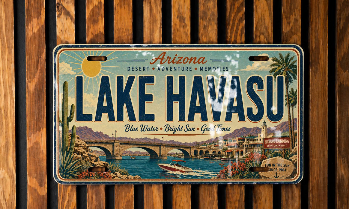 A vintage license plate from Arizona, featuring a scenic illustration of Lake Havasu with a bridge, palm trees, and a boat on the water.