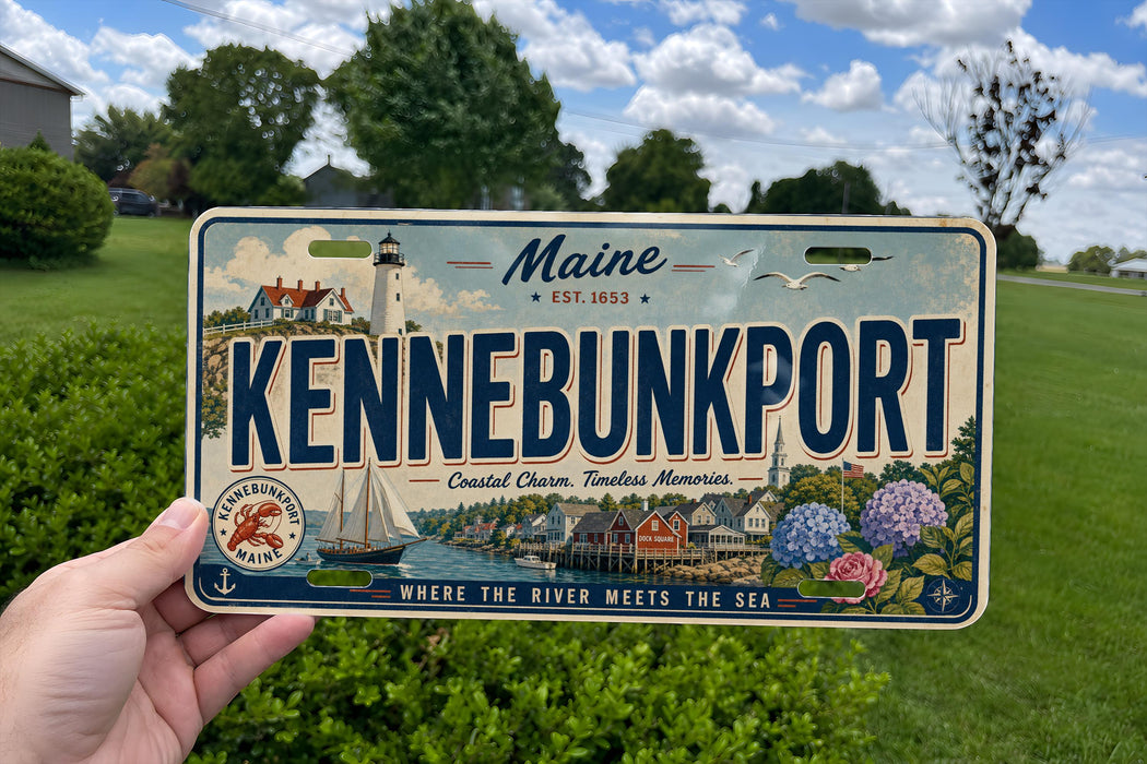 A Maine license plate with a scenic coastal town illustration, featuring a lighthouse, houses, and a river.