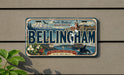 A license plate with the word "BELINGHAM" prominently displayed, featuring a scenic image of the city of Washington, Washington, with a mountain, a lighthouse, and a whale in the water.
