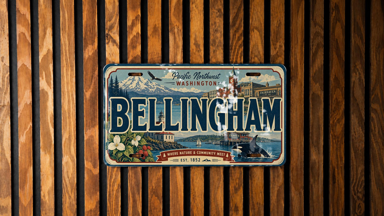 A vintage license plate from Washington, called the "Bellingham" license plate, is displayed on a wooden wall.
