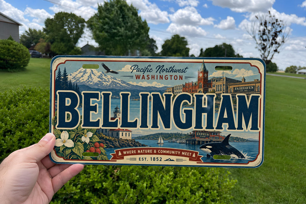 A person is holding a license plate that says "Bellingham" with a scenic background of mountains, buildings, and a body of water.