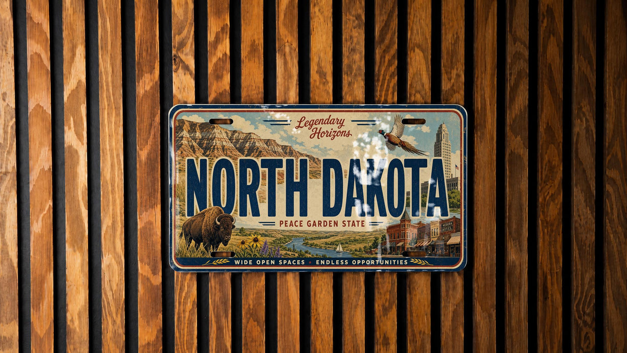 A vintage license plate from North Dakota is displayed on a wooden wall.
