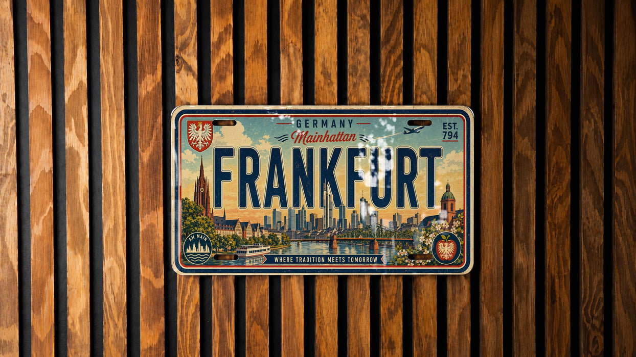 A vintage-style license plate from Germany that reads "FRANKFORT" is displayed against a wooden background.