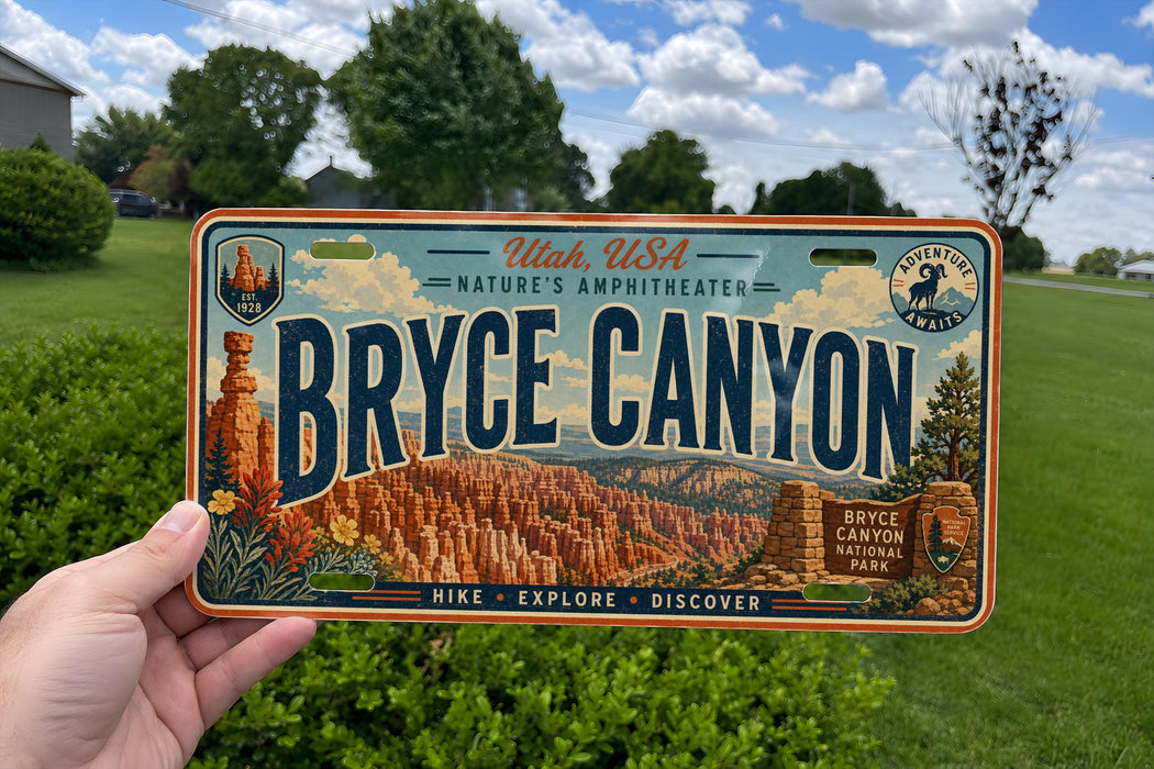 A person is holding a license plate that says "BRYCE CANYON" with a scenic image of the canyon on it.