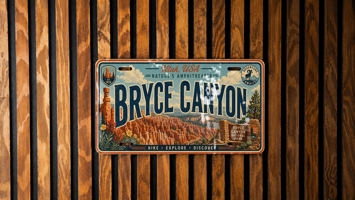 A vintage license plate with the text "Bryce Canyon" and a scenic illustration of the area, mounted on a wooden wall.