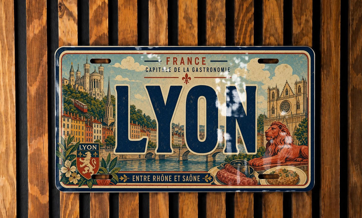 A vintage-style license plate from France with the word "LYON" prominently displayed.