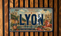 A vintage-style license plate from France with the word "LYON" prominently displayed.
