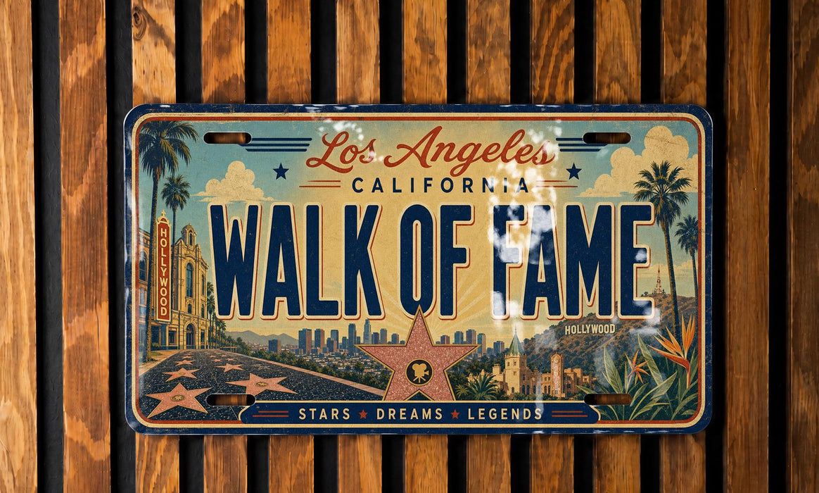 A vintage California license plate with the text "WALK OF FAME" and a star-studded Hollywood backdrop.
