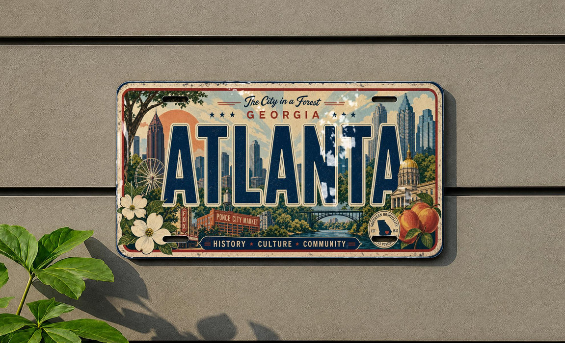 A license plate with the text "ATLANTA" and various cityscape elements, including a ferris wheel, buildings, and a bridge, mounted on a wall.