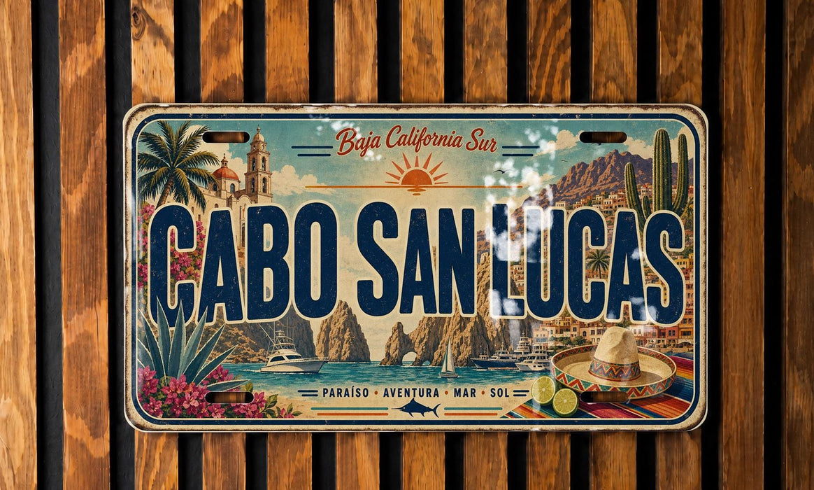 A vintage license plate from Cabo San Lucas, featuring a colorful illustration of the city's landmarks and a sombrero.