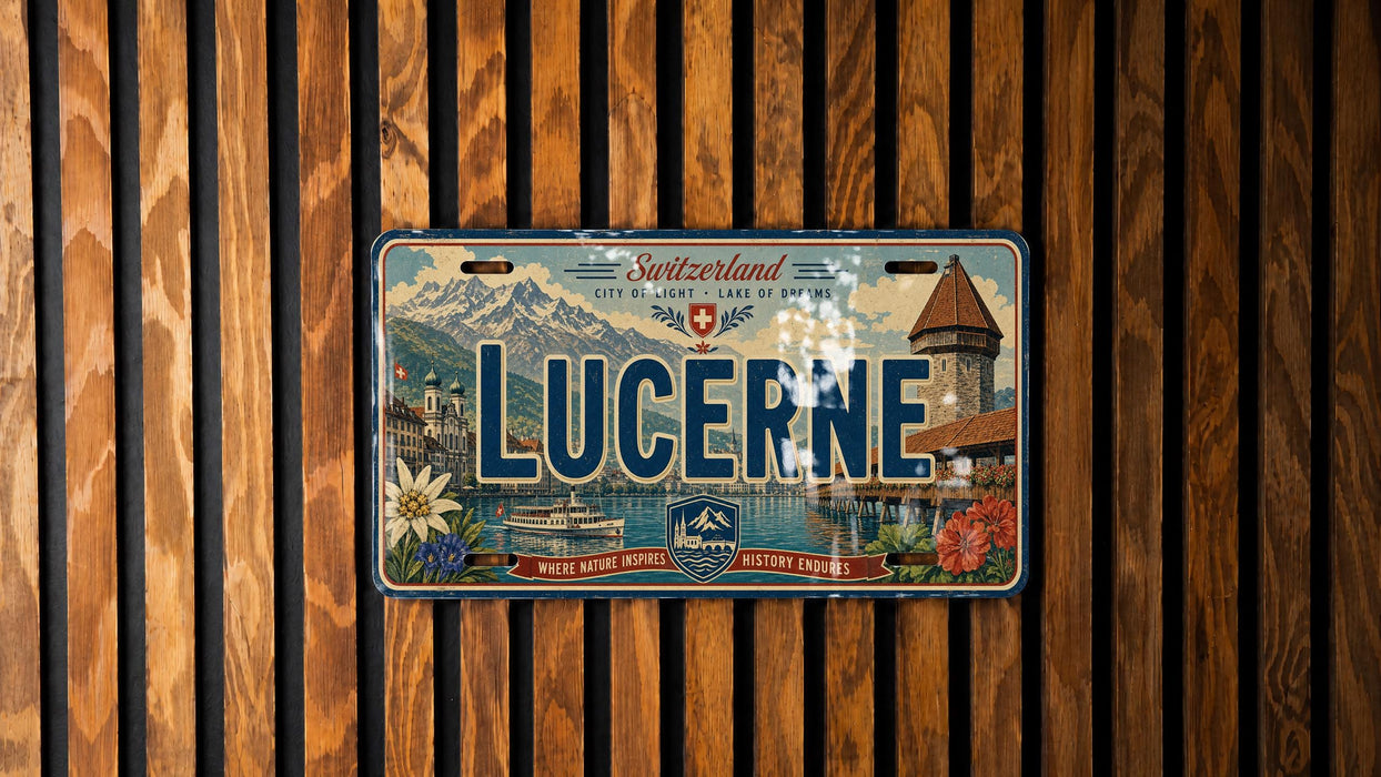 A vintage license plate from Switzerland with the word "LUCERNE" prominently displayed, featuring a scenic mountain landscape and a castle.