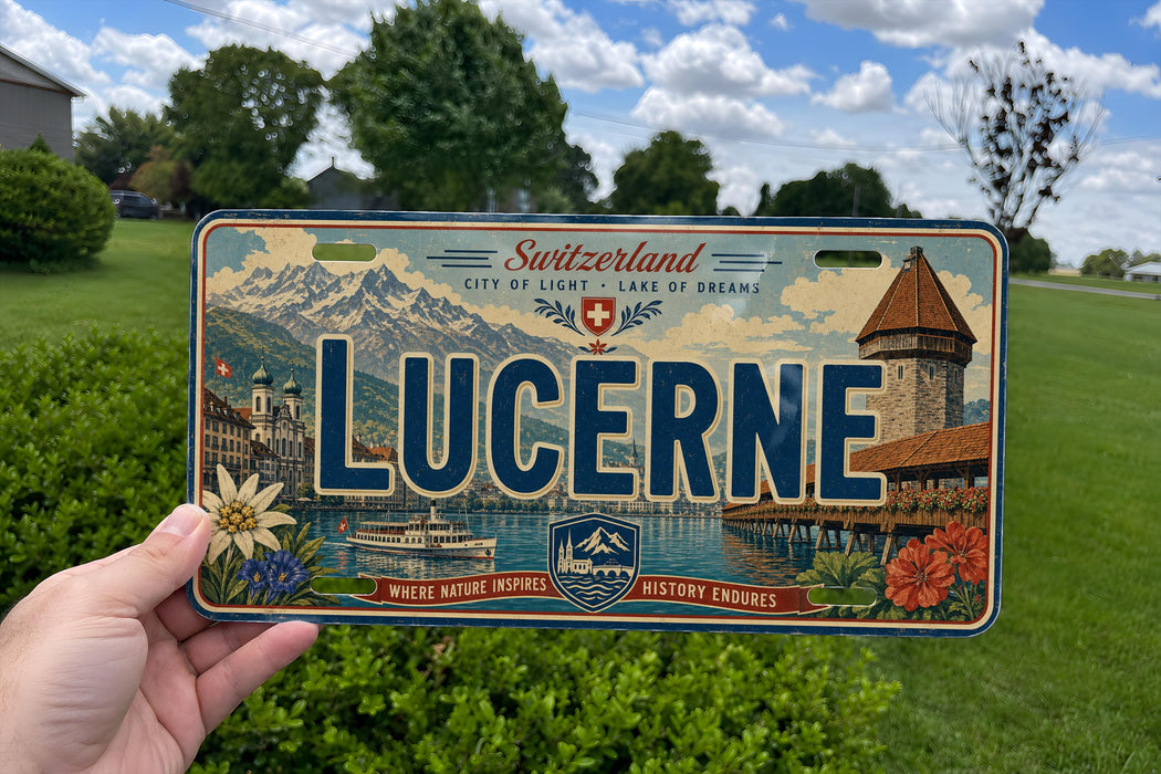 A person is holding a Swiss license plate with the word "LUCERNE" prominently displayed on it.