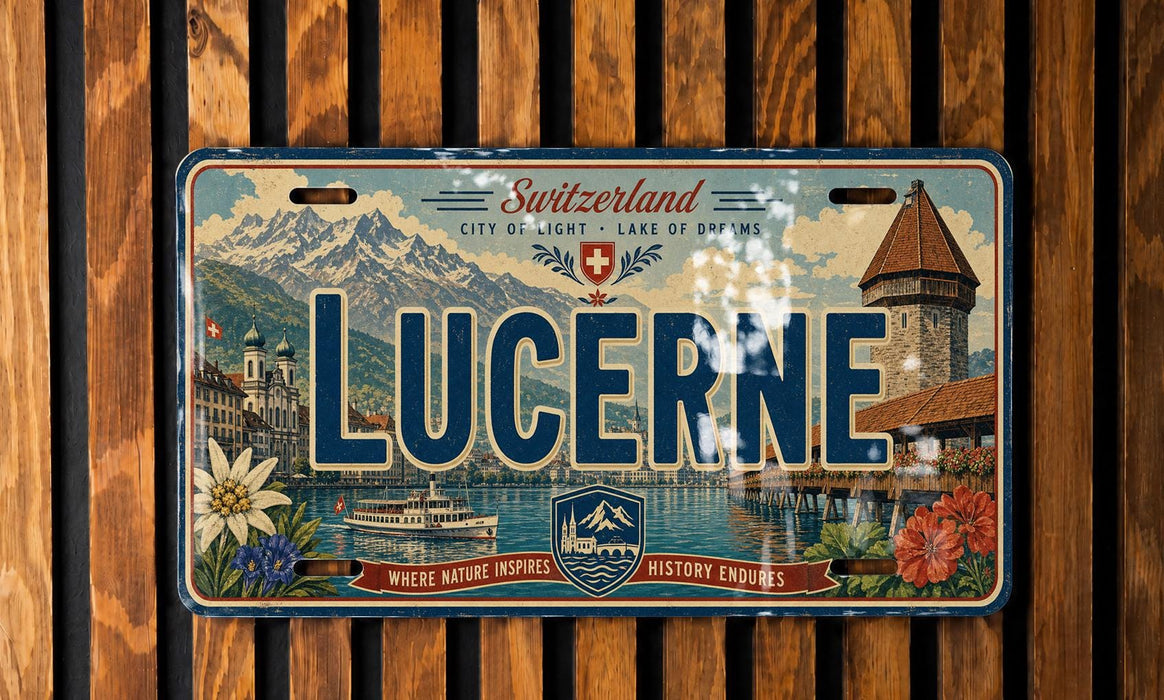 A license plate from Switzerland with the word "LUCERNE" prominently displayed. The plate also features a scenic image of a mountain range, a castle, and a lake.