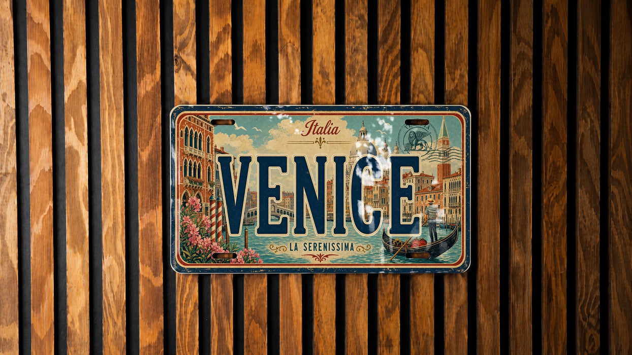 A vintage license plate from Venice, Italy, with a design depicting the city's landmarks and architecture.