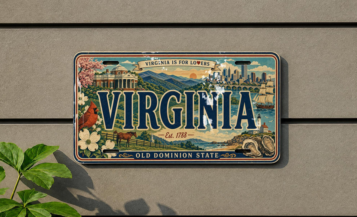 A decorative license plate from Virginia, featuring a scenic illustration of the state's landmarks and natural beauty.