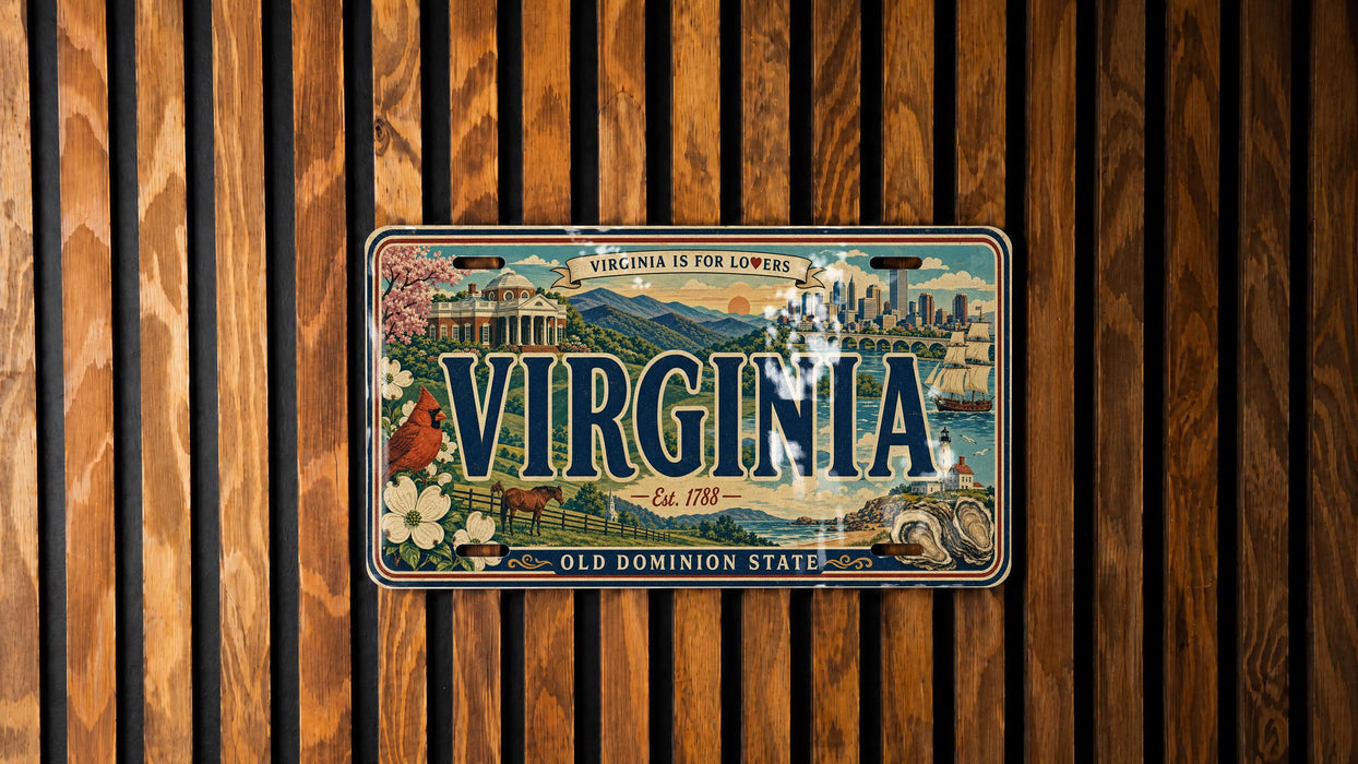 A vintage Virginia license plate with a scenic illustration of the state's landmarks and natural beauty.