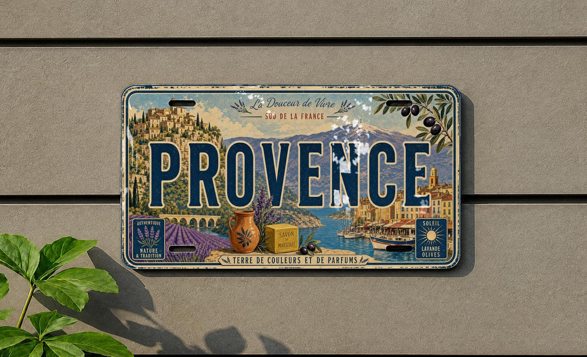 a vintage license plate from Provence, France, with a scenic illustration of the region.
