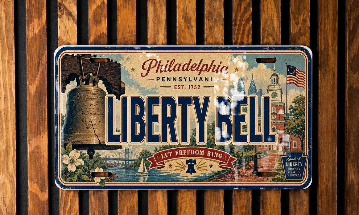A vintage license plate from Philadelphia, Pennsylvania, featuring the Liberty Bell and the city's historic landmarks.