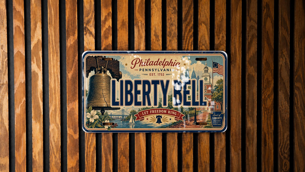 A vintage license plate from Philadelphia, Pennsylvania, with the text "Liberty Bell" and "Let Freedom Ring" printed on it, mounted on a wooden wall.